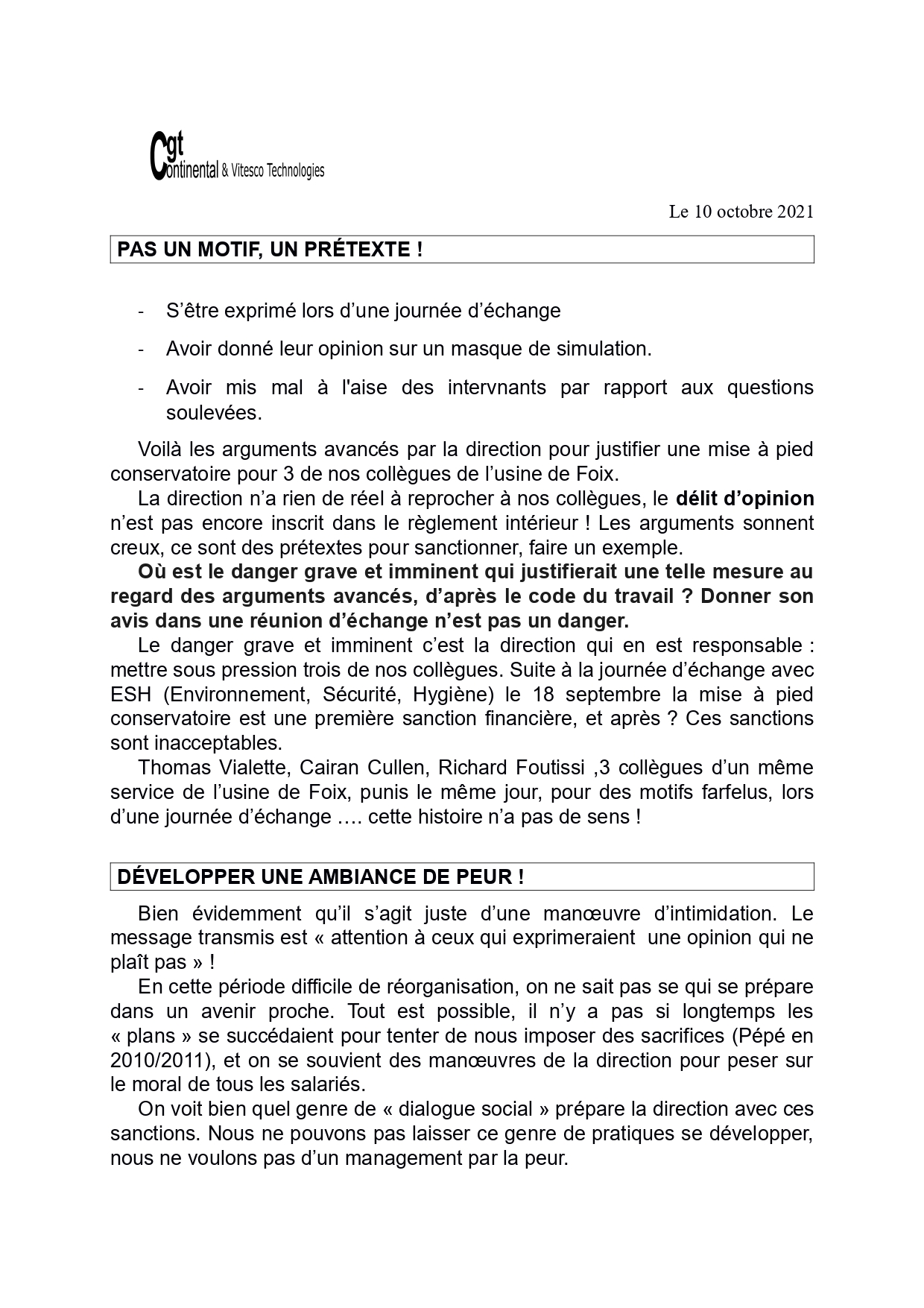 Lettre De Soutien à Un Collègue Sanctionné Gratuit Pétition] Je suis contre les licenciements de nos collègues Thomas, Ciaran  et Richard de Vitesco Technologies